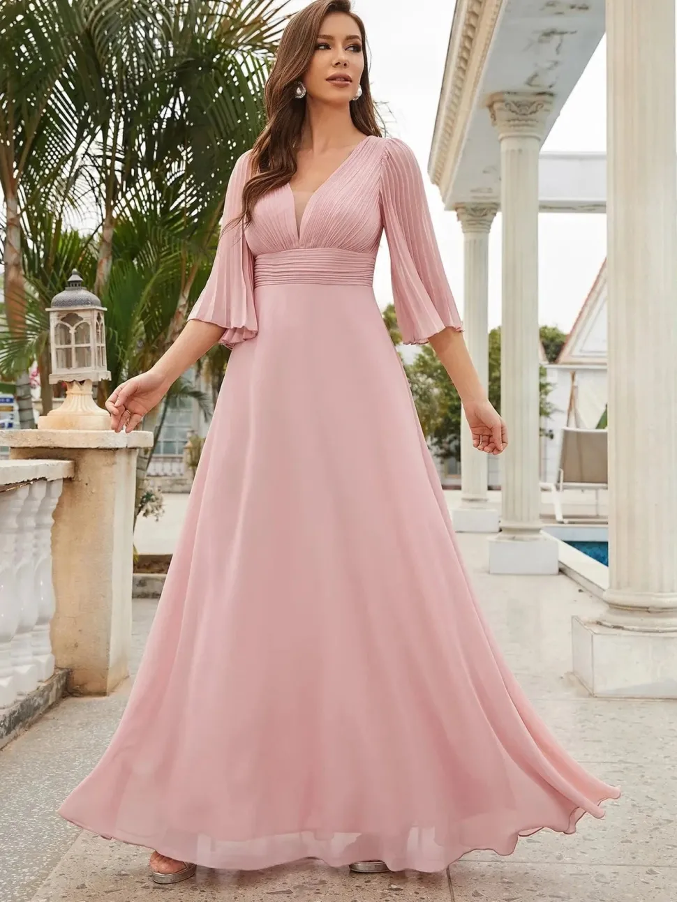 Robe demoiselle d'honneur longue rose poudré