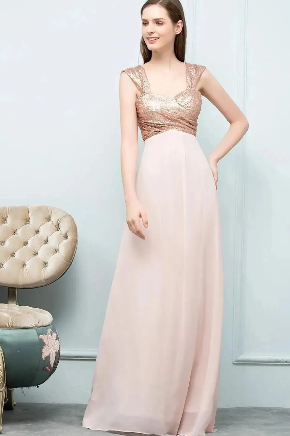Robe demoiselle d'honneur rose poudré haut doré