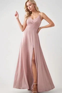 Robe demoiselle d'honneur rose poudrée avec fente haute
