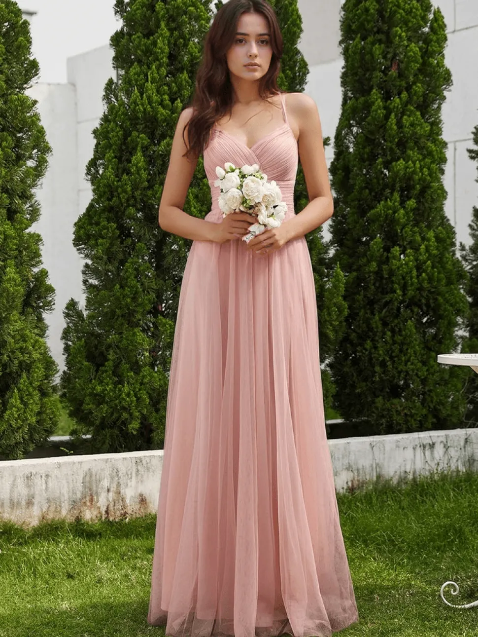 Robe demoiselle d'honneur rose poudré dos en dentelle