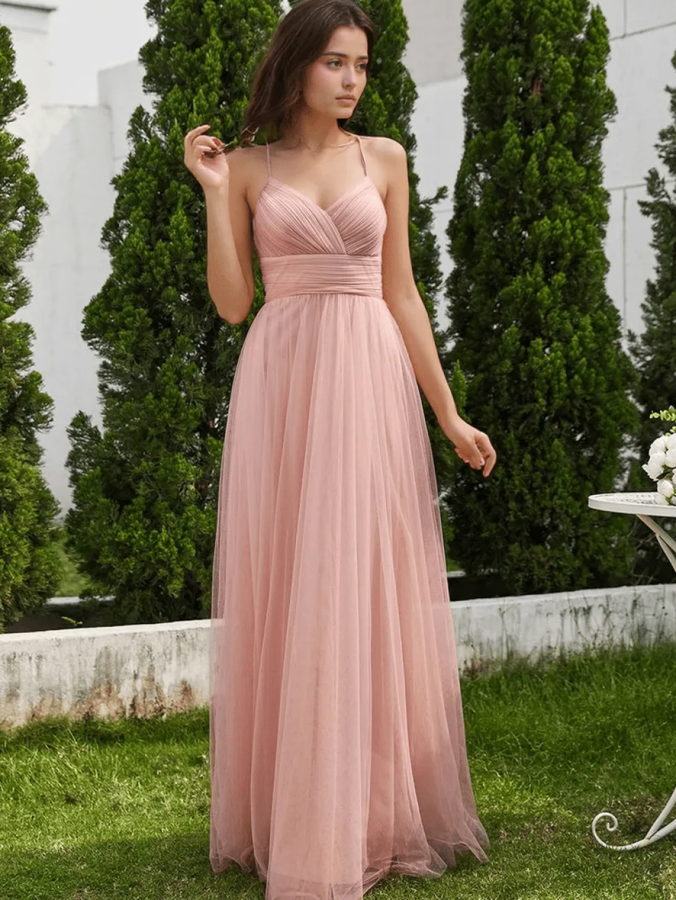 Robe demoiselle d'honneur rose poudré dos en dentelle
