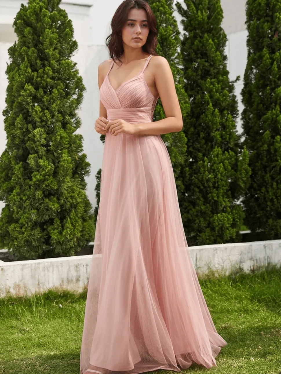 Robe demoiselle d'honneur rose poudré dos en dentelle