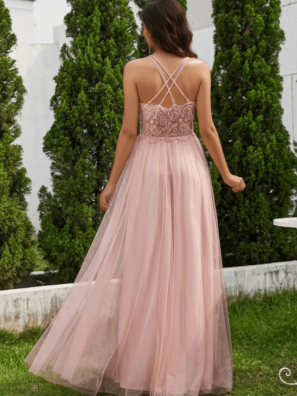Robe demoiselle d'honneur rose poudré dos en dentelle
