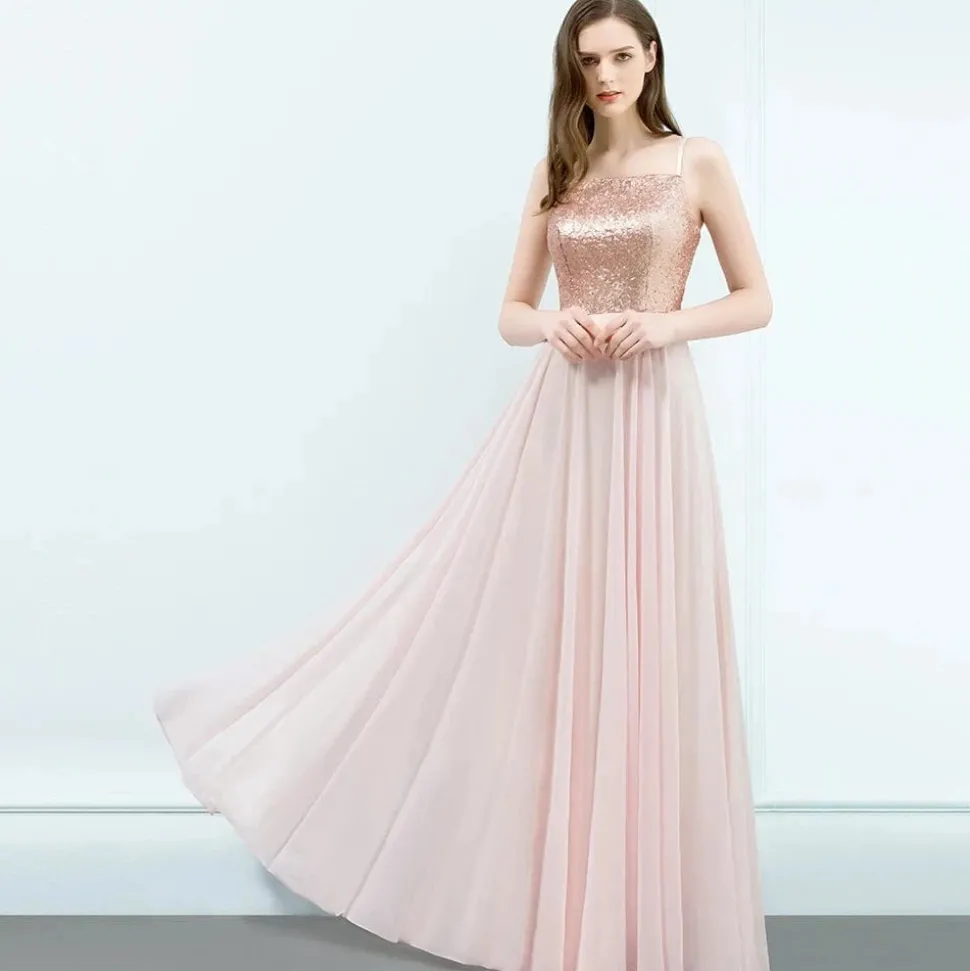 Robe demoiselle d'honneur rose poudré longue