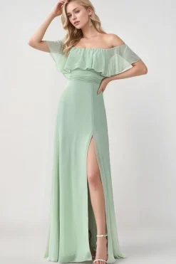 Robe demoiselle d'honneur verte longue épaules dénudées