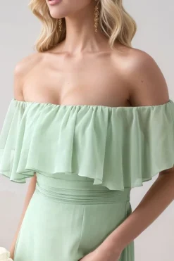 Robe demoiselle d'honneur verte longue épaules dénudées