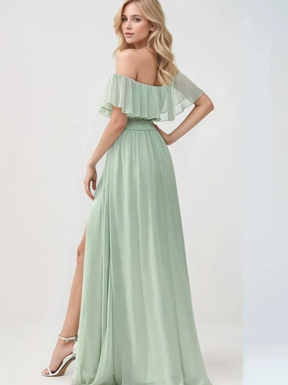 Robe demoiselle d'honneur verte longue épaules dénudées