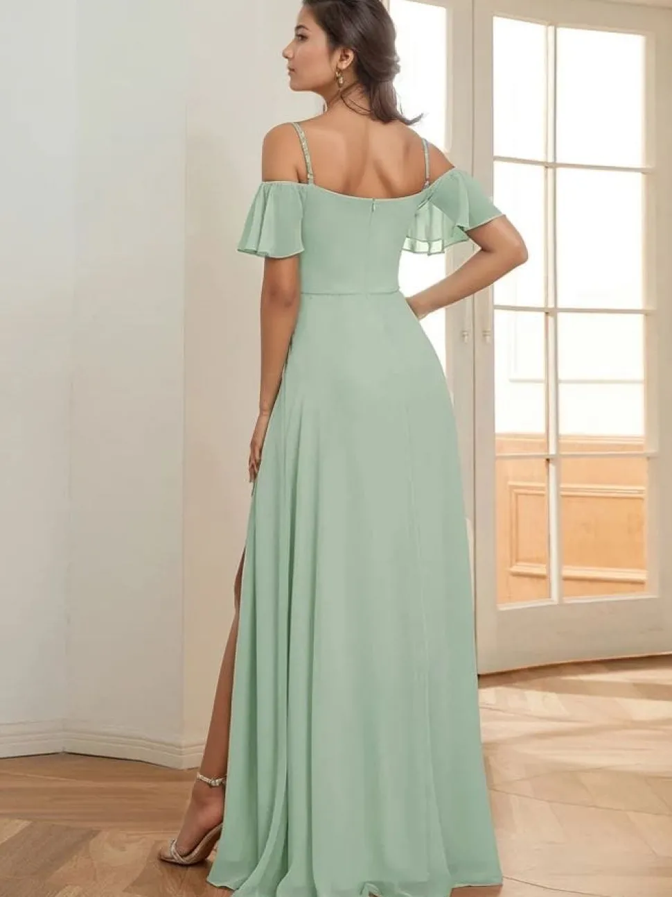 Robe demoiselle d'honneur vert sauge longue