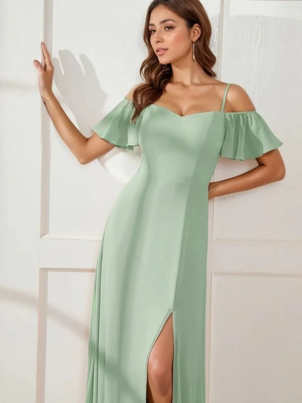 Robe demoiselle d'honneur vert sauge longue