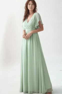 Robe demoiselle d'honneur vert sauge manches à volants