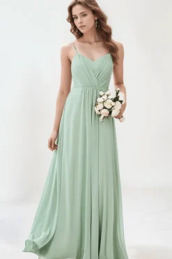 Robe demoiselle d'honneur vert sauge à bretelles