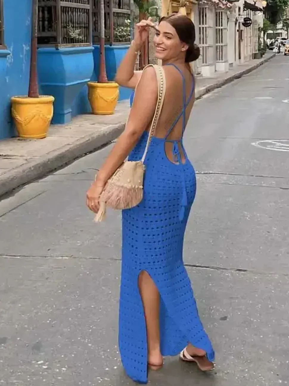 Robe de plage longue en maille bretelles fines