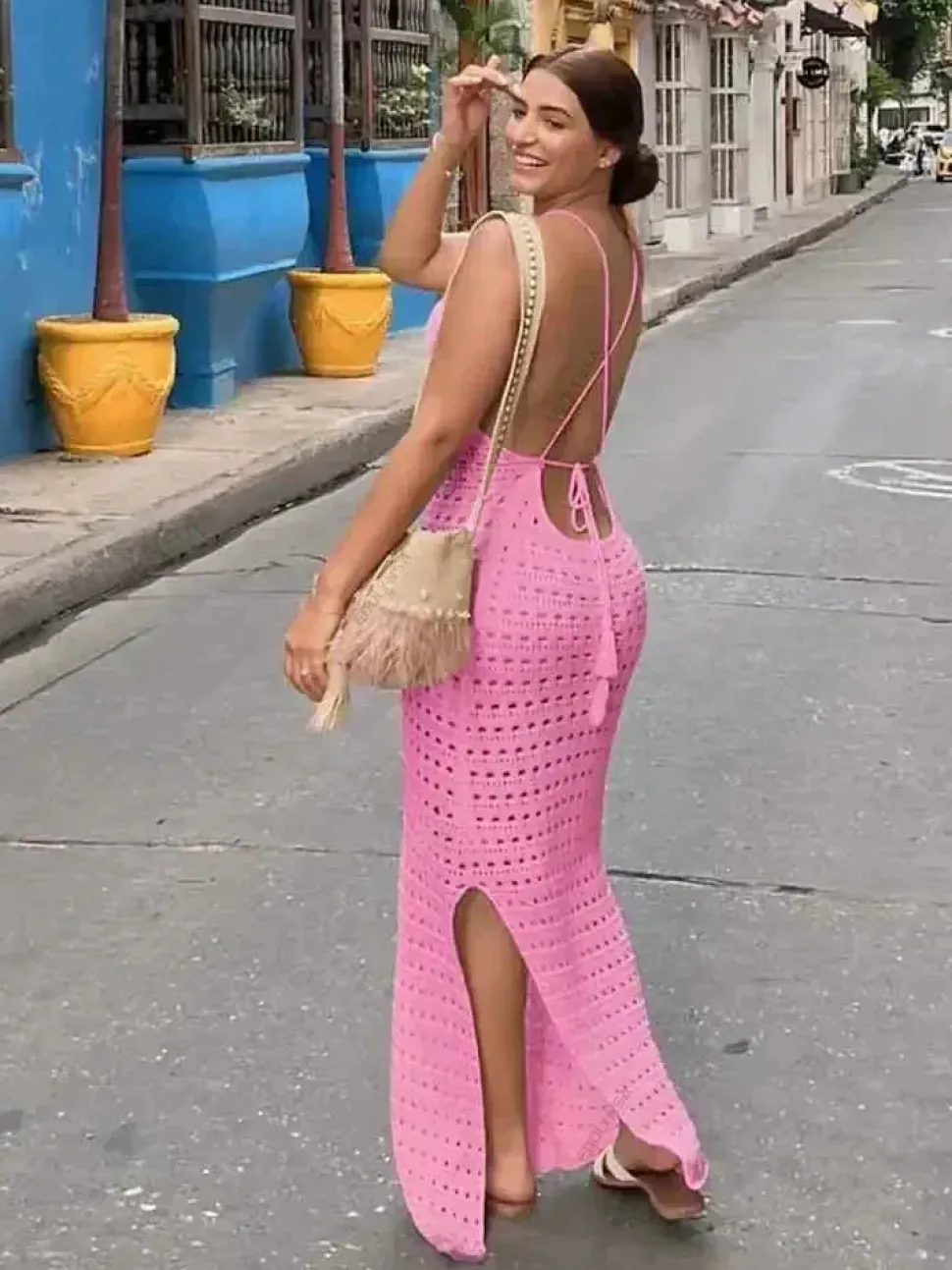 Robe de plage longue en maille bretelles fines