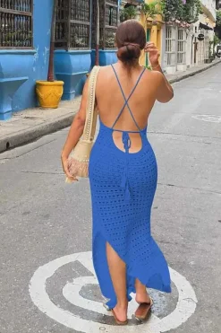 Robe de plage longue en maille bretelles fines