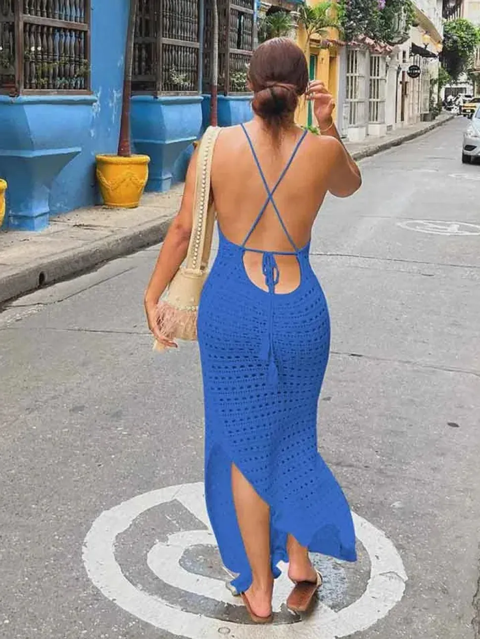 Robe de plage longue en maille bretelles fines