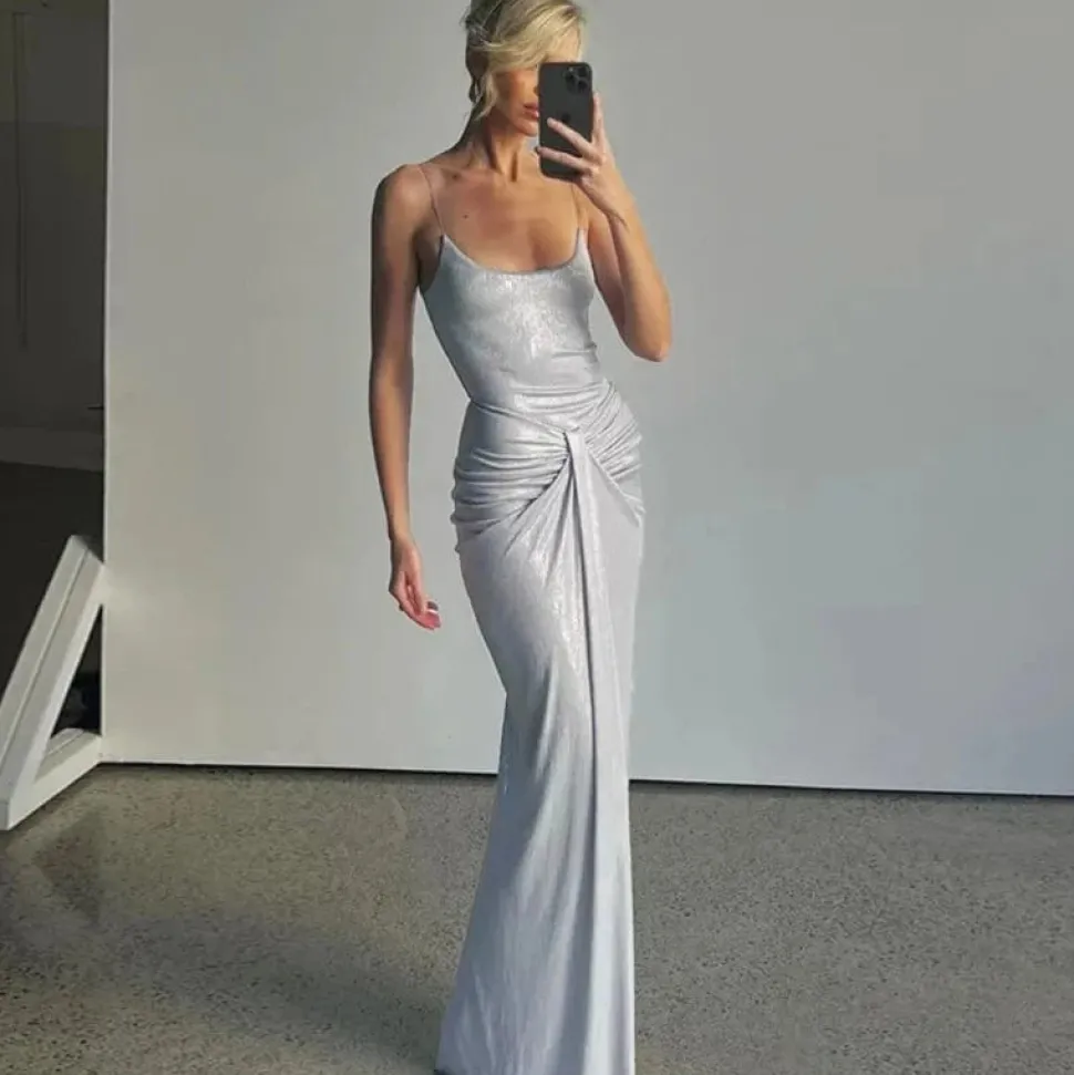 Robe de soirée argentée moulante longue