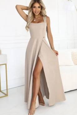 Robe de soirée beige fendue longue chic