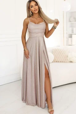 Robe de soirée beige fendue longue à paillettes