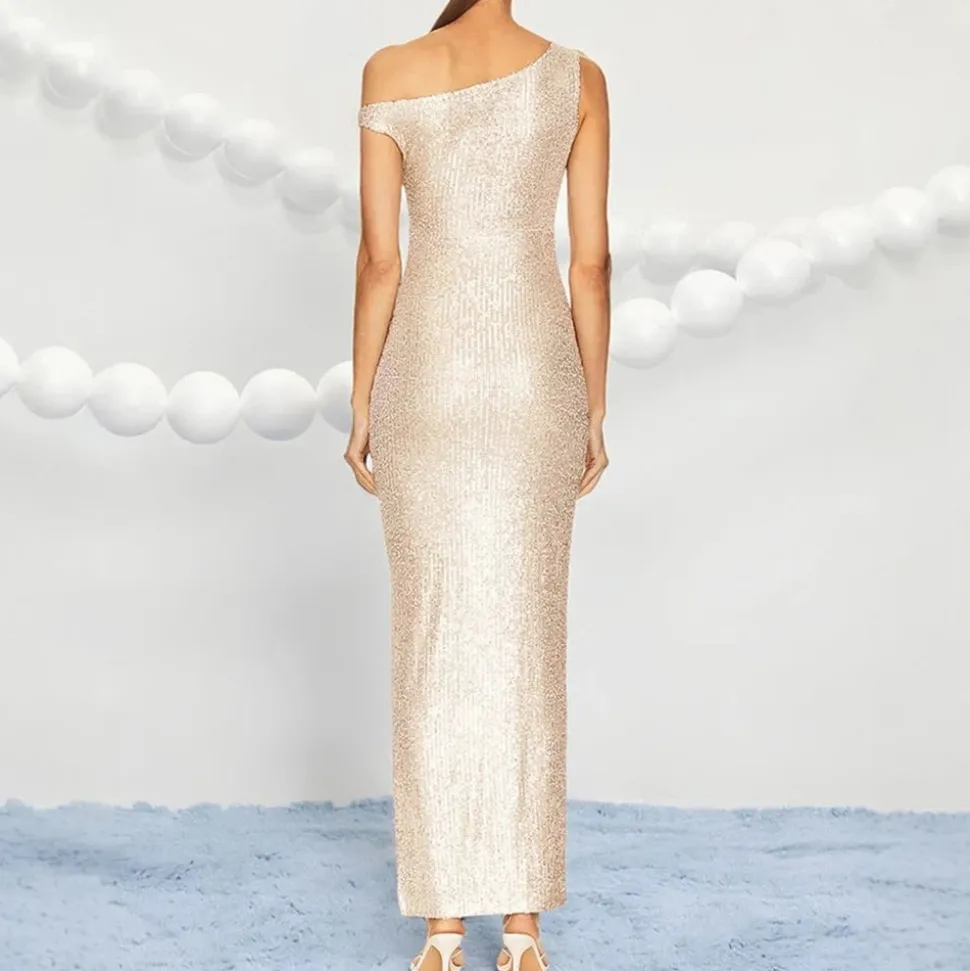 Robe de soirée beige sequin fendue