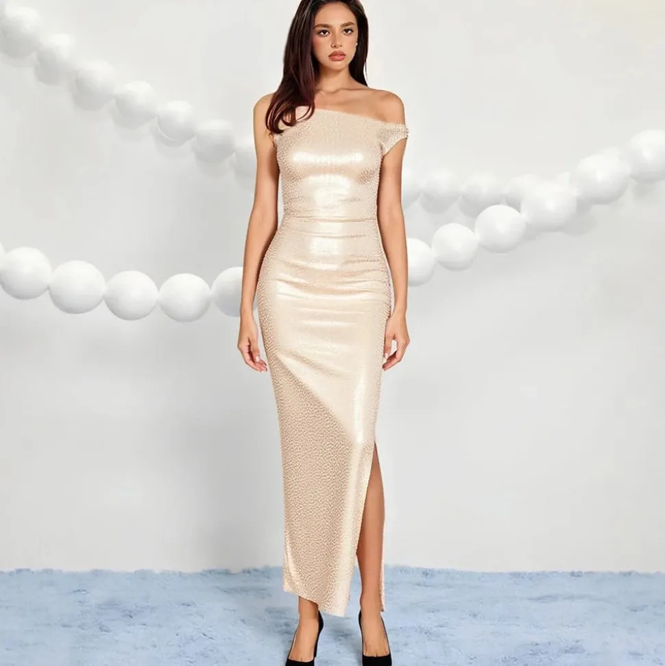 Robe de soirée beige sequin fendue
