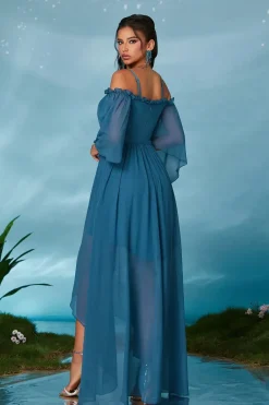 Robe de soirée bleue asymétrique à manches fluides