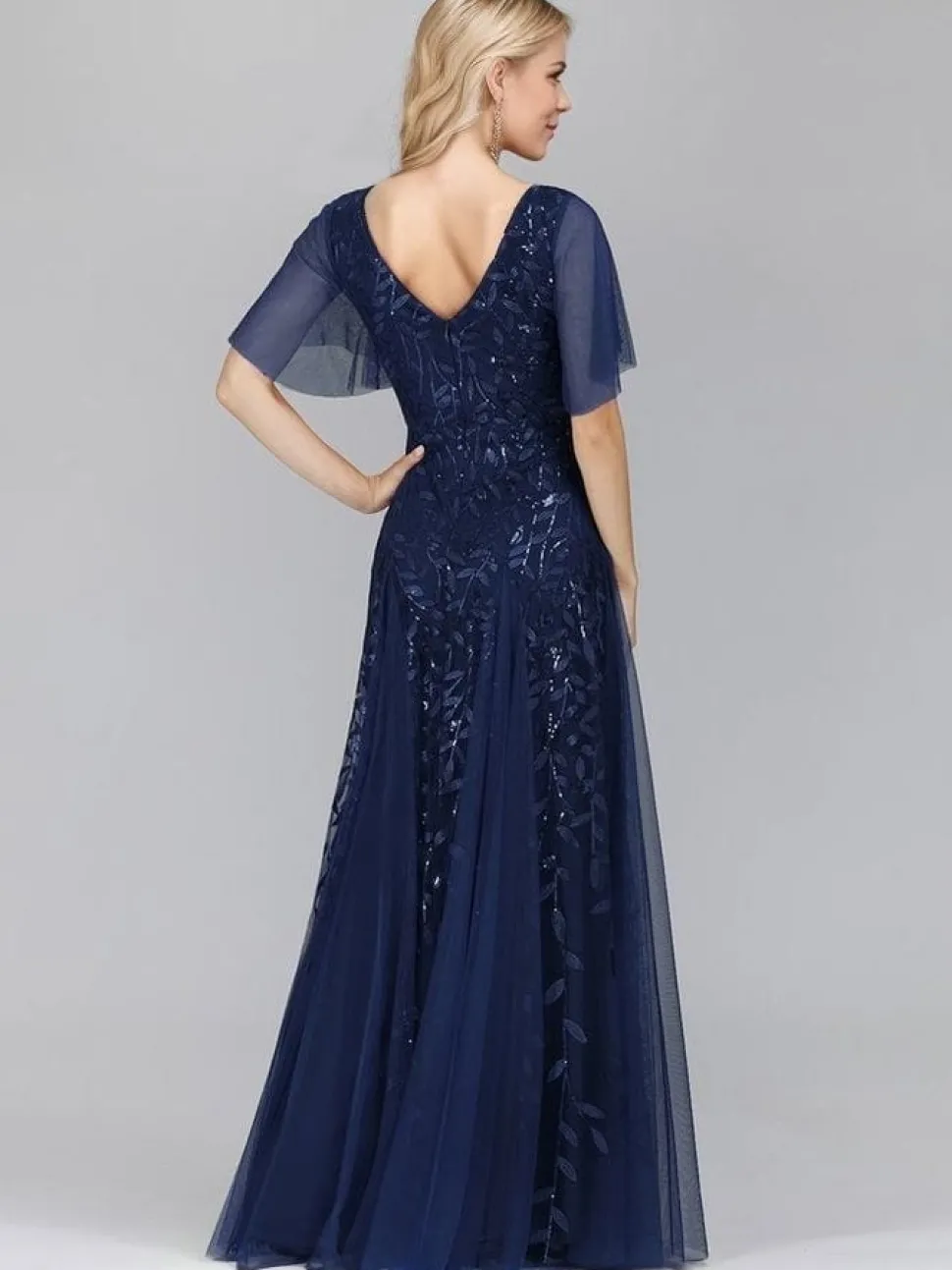 Robe de soirée bleue chic longue manches à volants