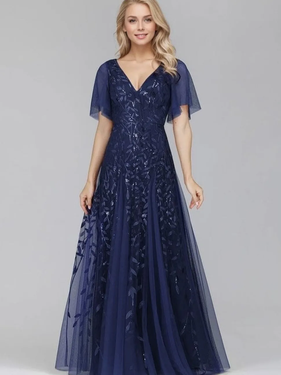 Robe de soirée bleue chic longue manches à volants