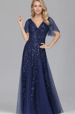 Robe de soirée bleue chic longue manches à volants