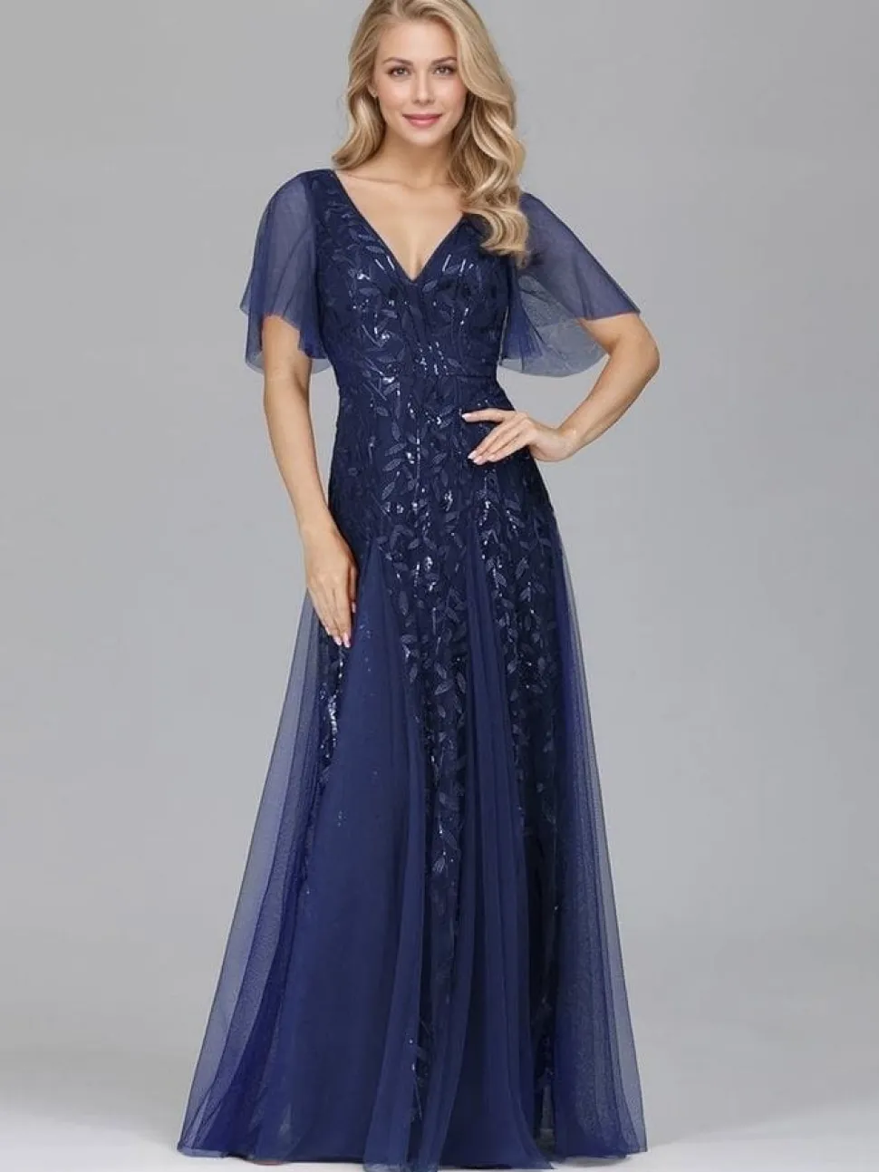 Robe de soirée bleue chic longue manches à volants