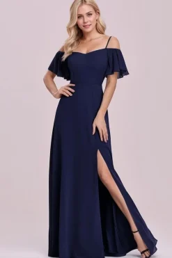 Robe de soirée bleue fendue longue manches volantes