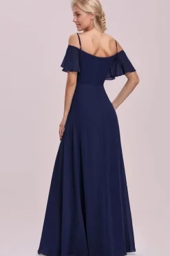 Robe de soirée bleue fendue longue manches volantes