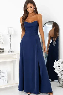 Robe de soirée bleue longue bustier fendue