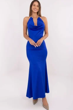 Robe de soirée bleue longue dos nu satinée