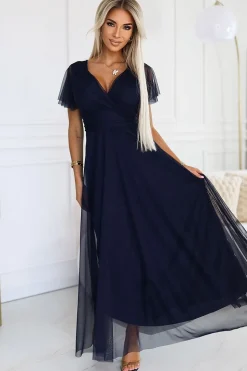 Robe de soirée bleue longue en tulle