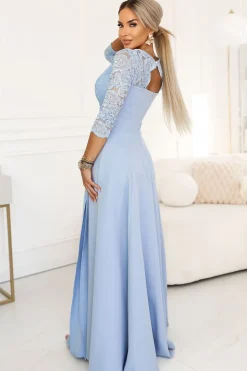 Robe de soirée bleue longue haut dentelle