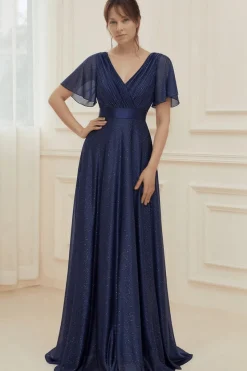Robe de soirée bleue manches à volants scintillante