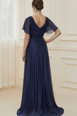 Robe de soirée bleue manches à volants scintillante