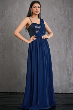 Robe de soirée bleue marine longue haut à paillettes