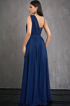 Robe de soirée bleue marine longue haut à paillettes