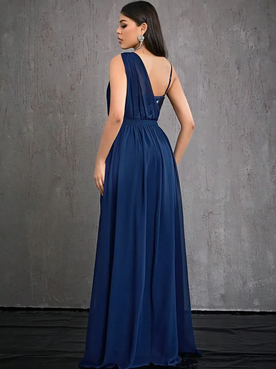 Robe de soirée bleue marine longue haut à paillettes
