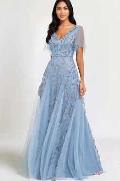 Robe de soirée bleue motif paillettes