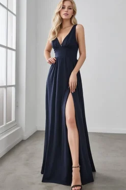 Robe de soirée bleu longue fendue taille empire