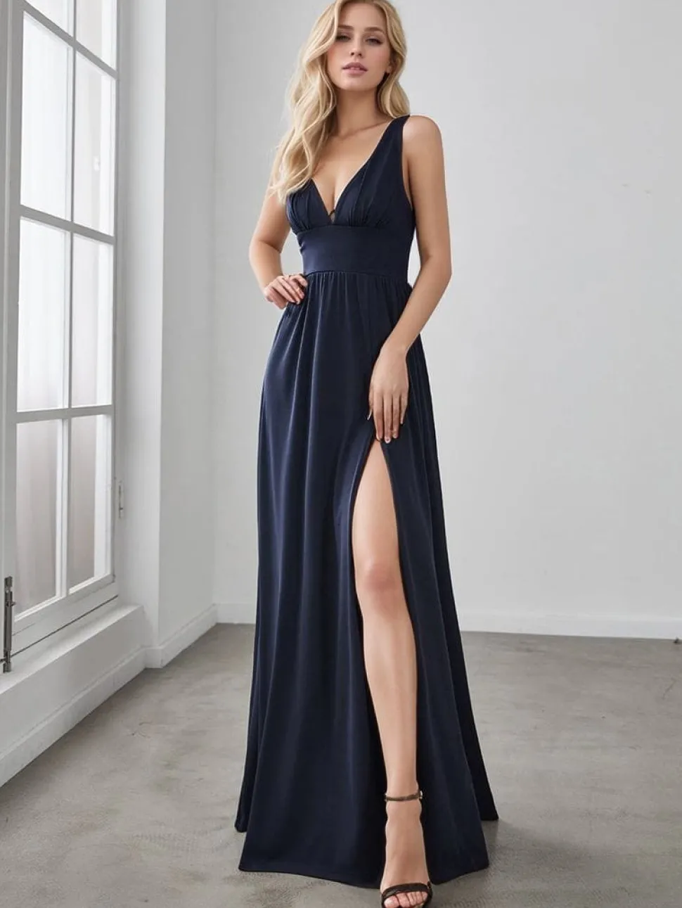 Robe de soirée bleu longue fendue taille empire