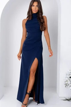 Robe de soirée bleu marine longue fendue élégante