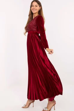 Robe de soirée bordeaux chic longue manches longues