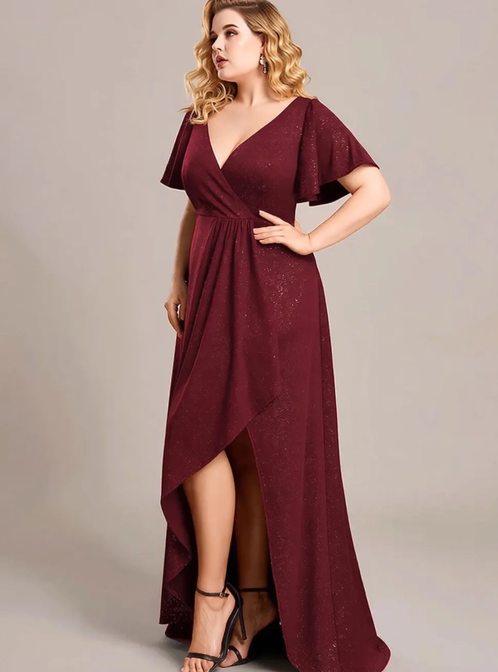 Robe de soirée bordeaux grande taille à fente asymétrique