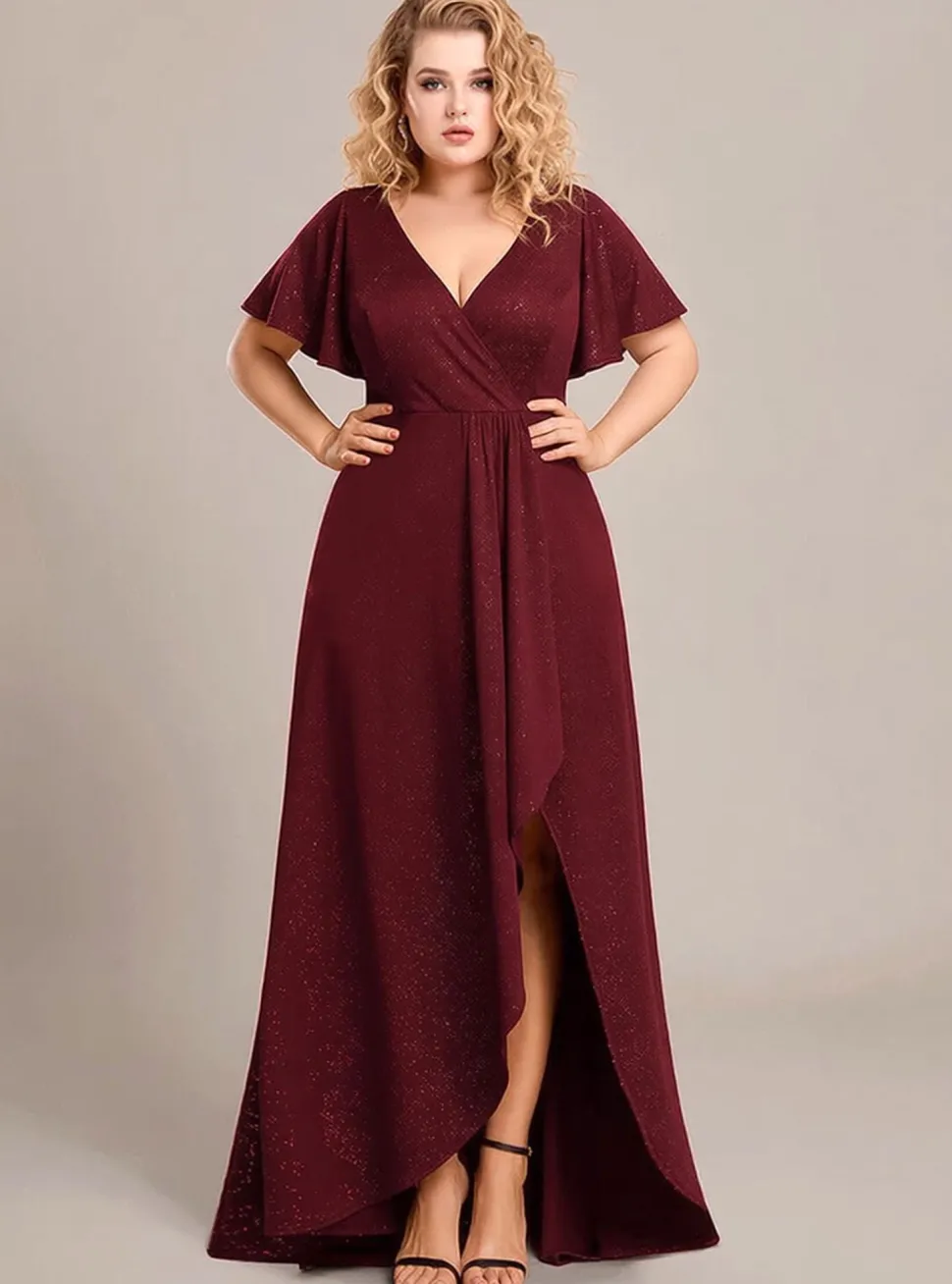 Robe de soirée bordeaux grande taille à fente asymétrique