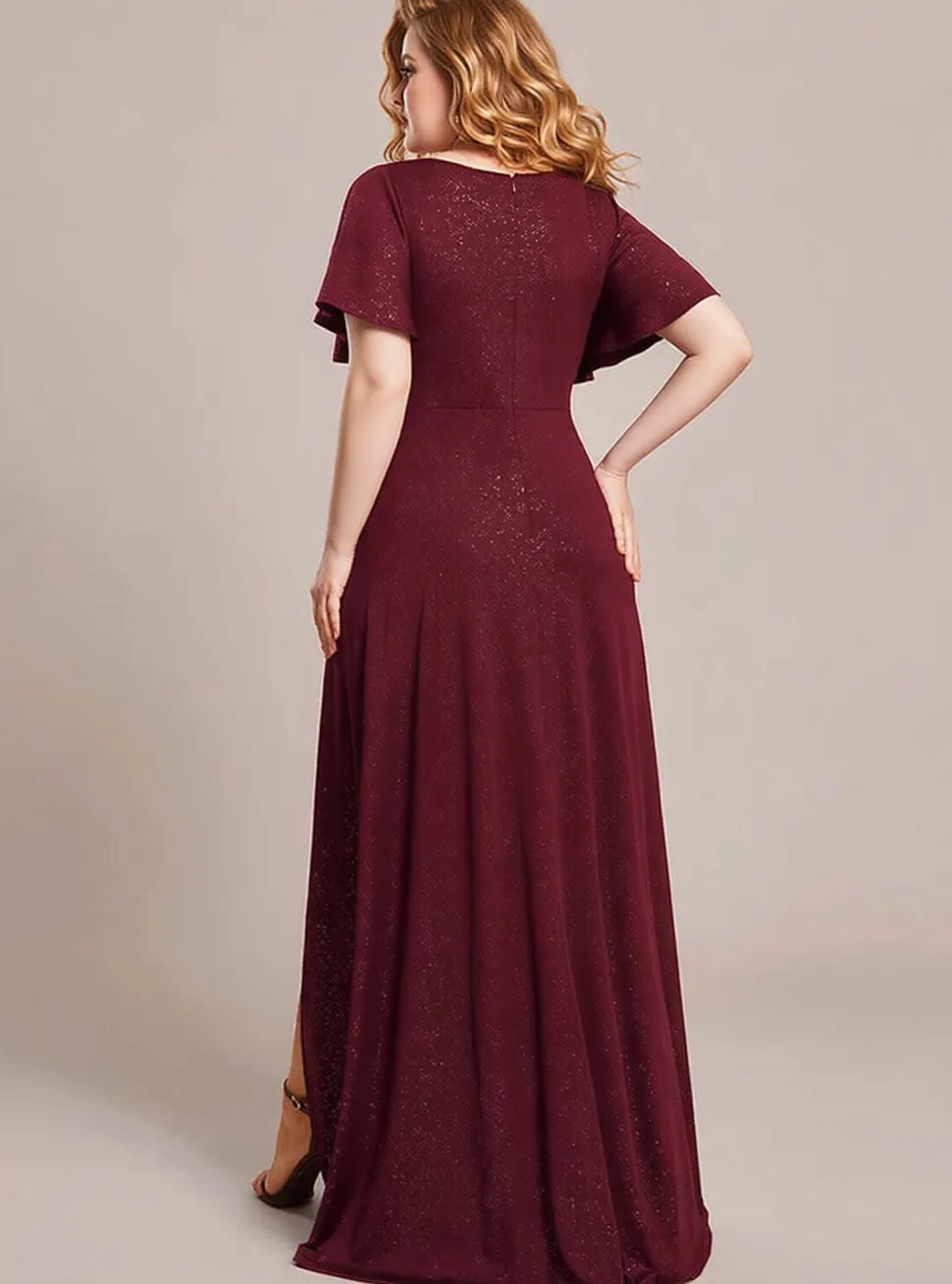 Robe de soirée bordeaux grande taille à fente asymétrique