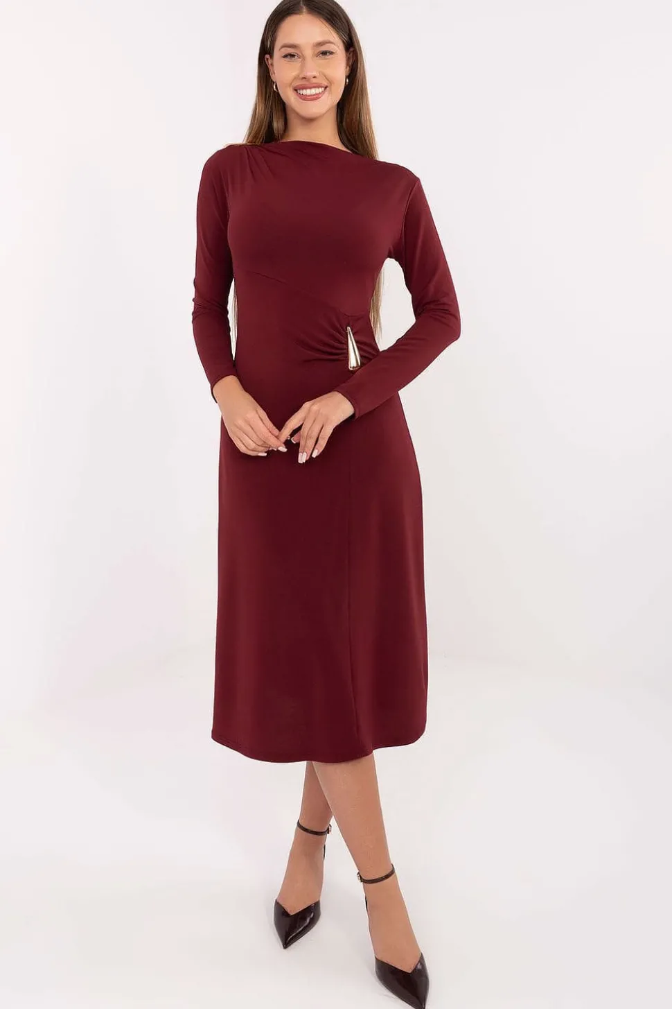 Robe de soirée bordeaux midi manches longues