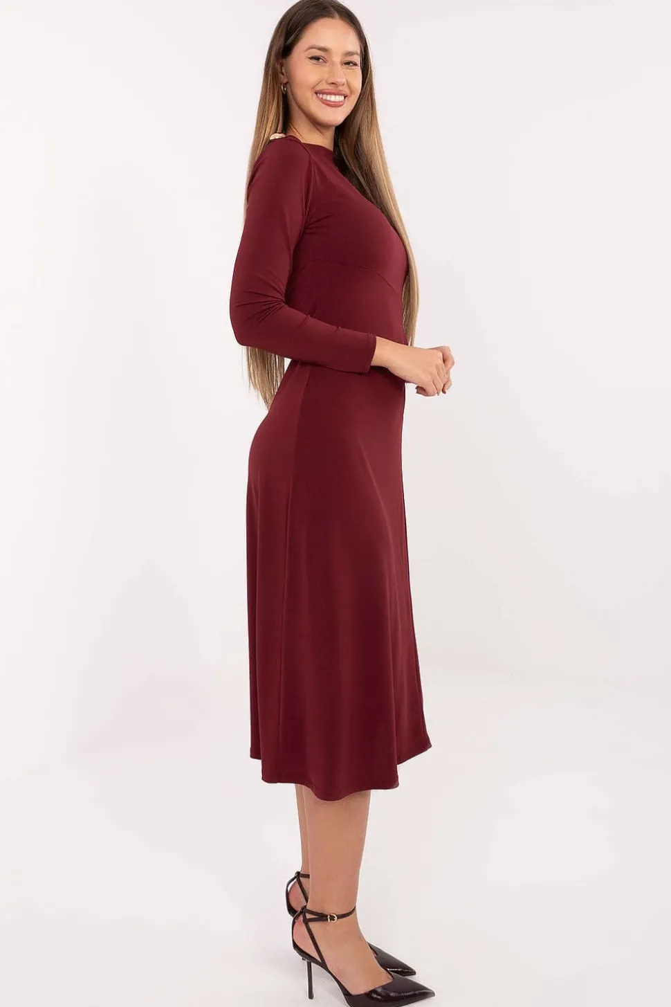 Robe de soirée bordeaux midi manches longues